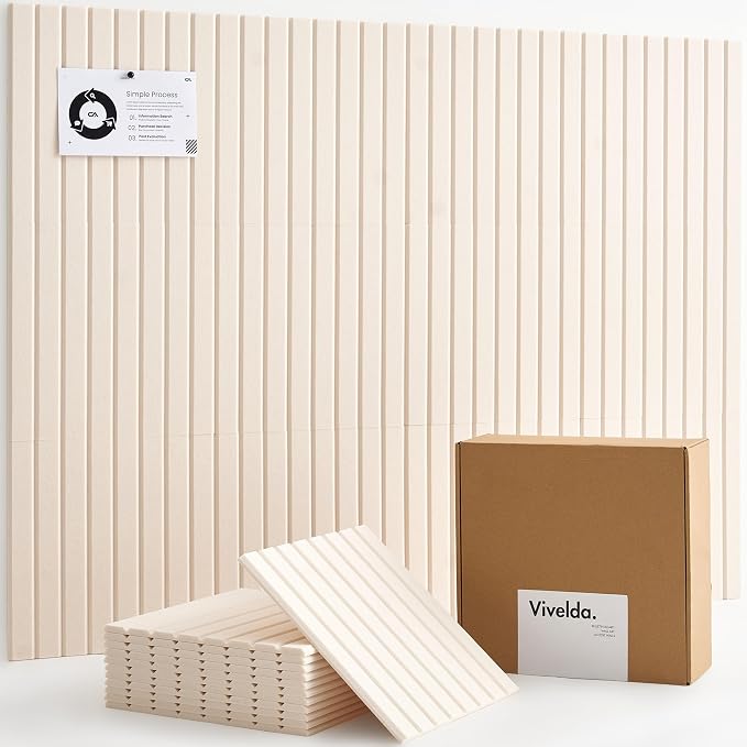 VIVELDA Felt Bulletin Board Tiles 48"x36" - 12-Pack Cork Board Alternative, OEKO-TEX Certified, NRC 0.95 Acoustic Felt Wall Panels, Damage-Free Adhesive, Slatted Design Home Office & Classroom (Linen) by VIVELDA%C2%AE
