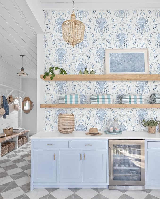 Dimoon Blue Peel and Stick Wallpaper Coastal Contact Paper Bathroom Ocean Beach Wallpaper Boho Jellyfish Renter Friendly Nautical Waterproof for Nursery Kitchen Bedroom Vinyl 17.3''x197'' - Image 6