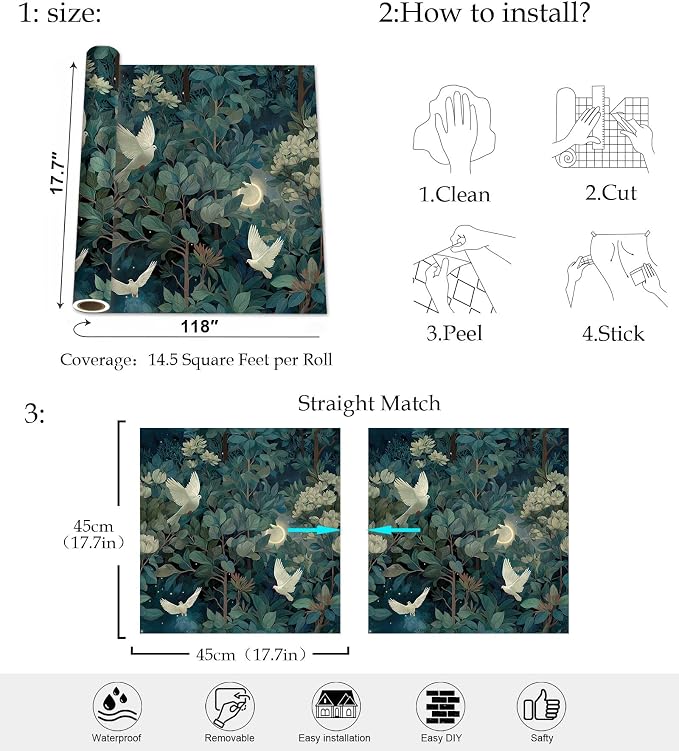 Vintage Night Dove Floral Botanical Peel and Stick Wallpaper | Deep teal moonlit forest dove and blossom print, Removable waterproof vinyl wall covering, bedroom accent wall decor - Image 2