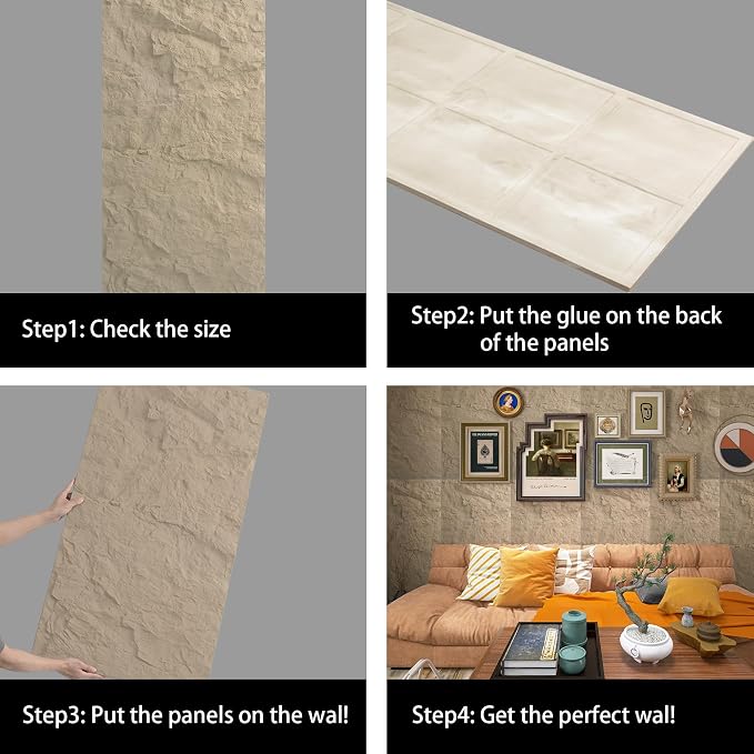 4-Pack 3D Faux Stone Wall Panels Rock Wall Panel Stone Yellow | 47.24"*23.62" PU Stone Wall Panels for Interior Decor, Lightweight & Waterproof - Image 4