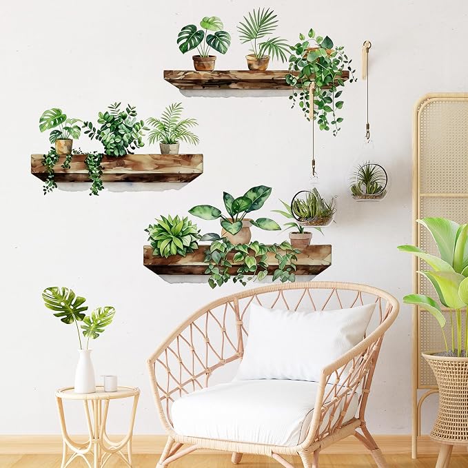 Green Plant Wall Decals - 3D Bonsai Tropical Vine Leaves Wall Stickers - Peel and Stick, Removable, Boho Hanging Potted Art Decor - for Living Room, Bedroom, and Home Office - Image 3