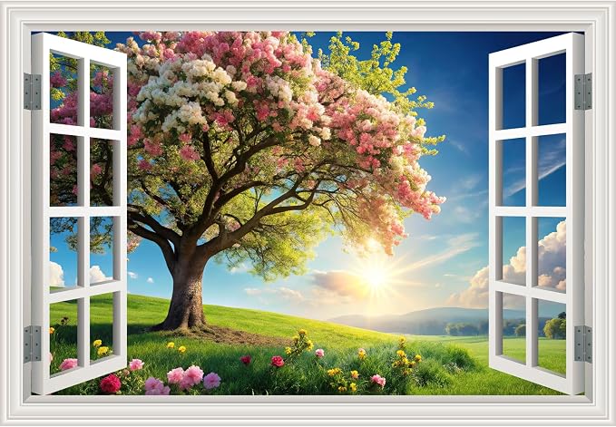 Fake Window Wall Mural Spring Green Flowers Tree Art Poster Faux Window Wall Sticker for Office Home Room Decor, Peel and Stick Wall Decals 24" x 16" by Unknown