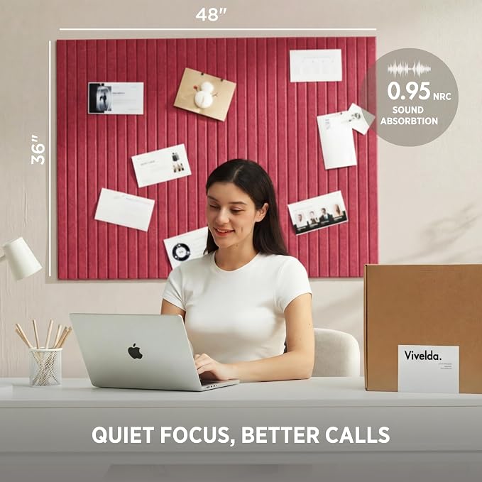 VIVELDA Felt Bulletin Board Tiles 48"x36" - 12-Pack Cork Board Alternative, Oeko-TEX Certified, NRC 0.95 Acoustic Wall Panels, Damage-Free Adhesive, Slatted Design, Home Office & Classroom (Burgundy) - Image 5