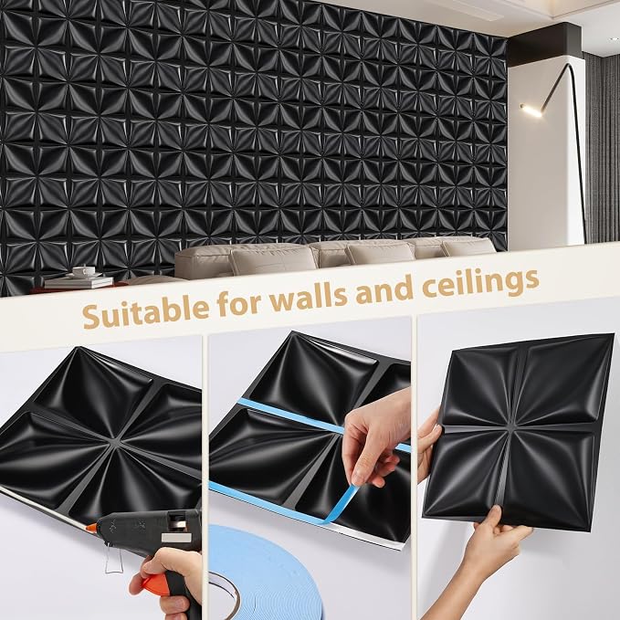 Heikki 30 Pack 3D Wall Panel for Interior Wall Décor, PVC Flower Textured Wall Panels for Living Room Bedroom Hotel Office, 11.8"x11.8", Double-Sided Tape (Black-SYH) - Image 3