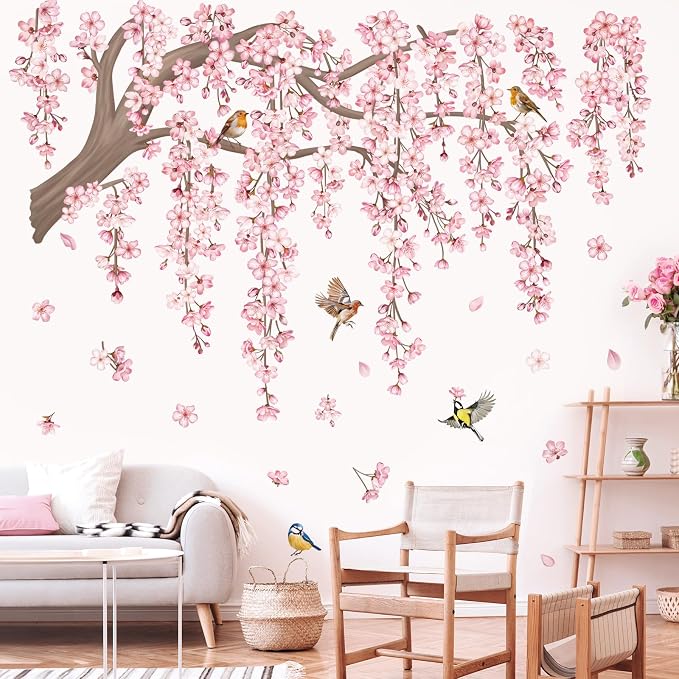 decalmile Pink Flower Tree Branch Cherry Blossom Wall Decals Stickers (XL) - Image 3