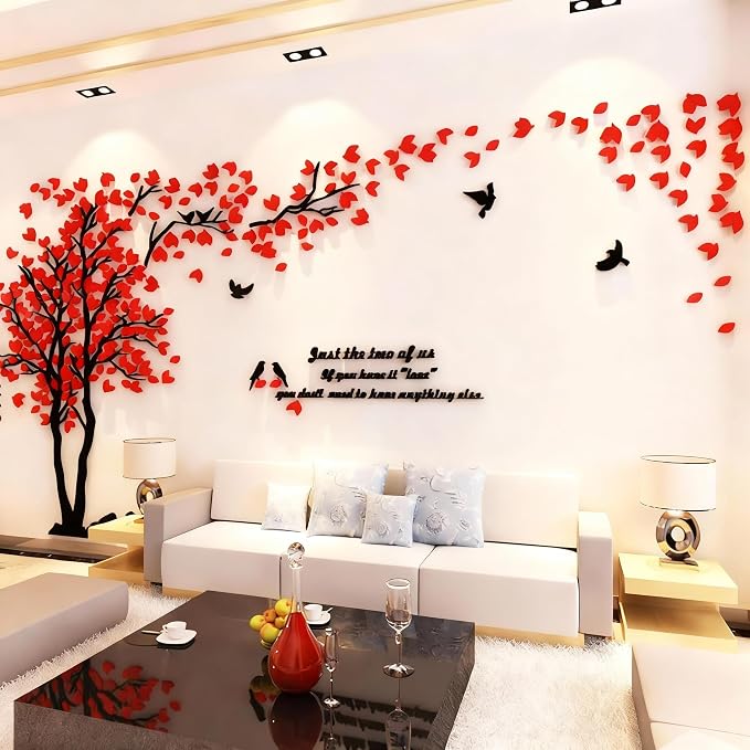 Family Tree Wall Decor Decals - DIY 3D Tree of Life Wall Art Large Decal Stickers Silver Decor Living Room Mural for Bedroom Hallway Home TV Background (Red Left,XL-158X79in) - Image 5