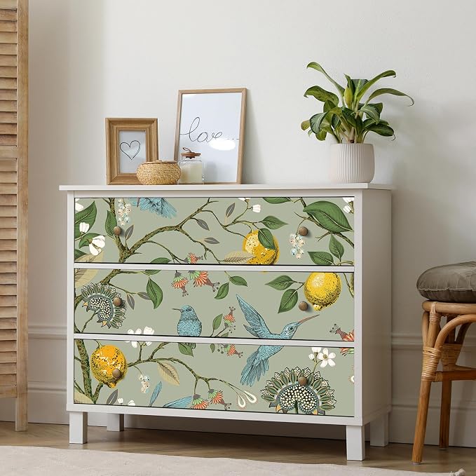 Livelynine 17.5x276" Peel and Stick Wallpaper Boho Green Vintage Floral Wallpaper Pre Pasted Wall Paper Removable Fresh Lemon Tree Teal Blue Bird Green Floral Contact Paper for Walls Kitchen Cabinets - Image 4