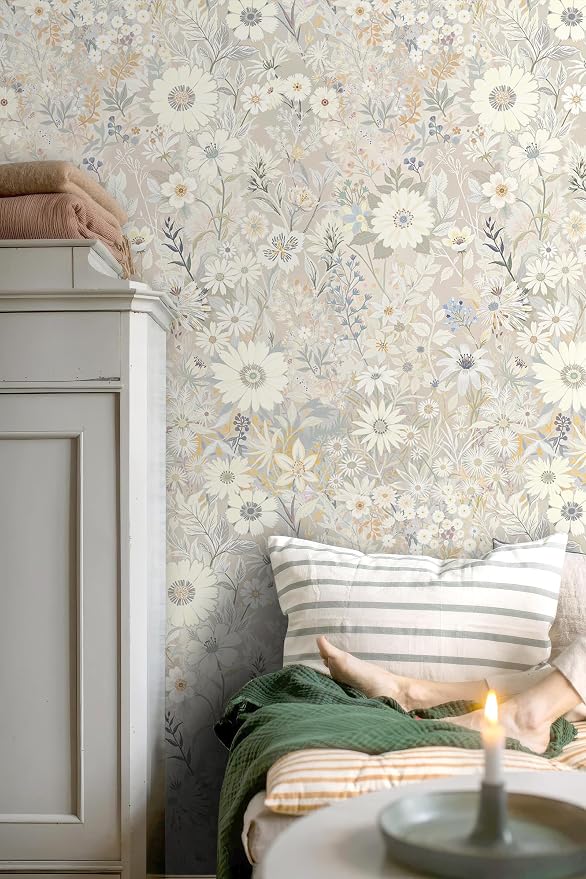 Gray Floral Wallpaper Peel and Stick for Bedroom,Cabinets 17.3" x 236.3" | Textured Vinyl Stick on Wall paper DIY Self Adhesive Removable Waterproof Gray/Yellow/Blue Contact Paper for Kitchen Bathroom - Image 7