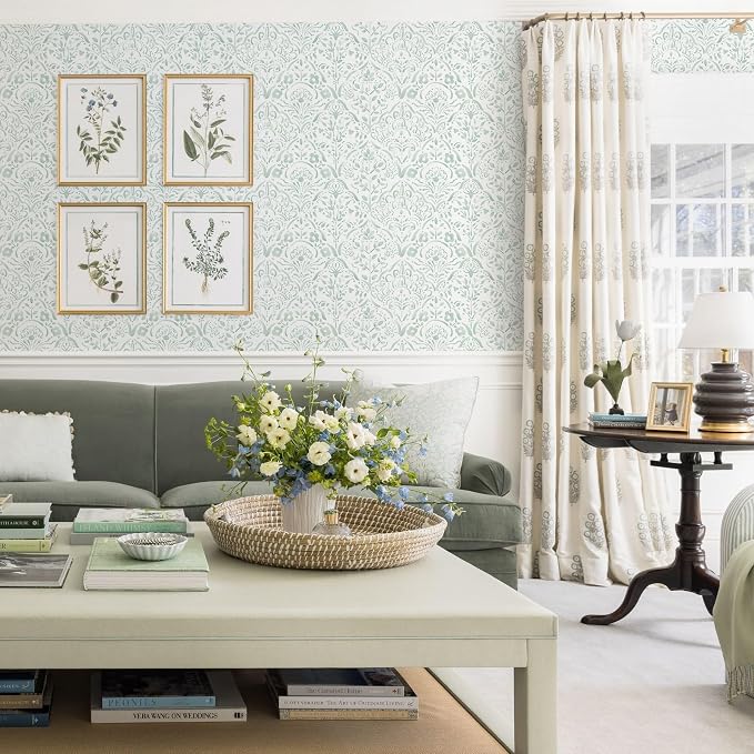 Dimoon Boho Peel and Stick Wallpaper Soft Sage Green Contact Paper French Floral Wall Paper 362''x17.3'' Textured Self Adhesive Watercolor Damask Stick On Wallpaper for Bedroom Bathroom Decor Vinyl - Image 2