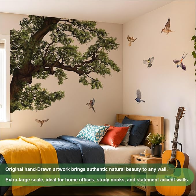 5.9 Ft x 4.0 Ft Dark Oak Tree Wall Decals, Oversized for Teen Room | Realistic Oil-Painted Oak Tree Peel and Stick Forest Mural, Bird on Branch, Ideal for Teen Study Room, Living Room and School - Image 2