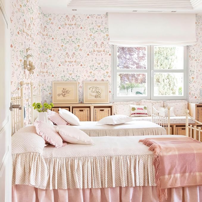 Peel and Stick Wallpaper for Nursery Pink Cute Bow Leaf Waterproof | 78.7"×17.3" Colorful Butterfly Wallpaper Pink Cute Accent Wall Decor with Grid Lines for Bedroom Vinyl Self-adhesive - Image 2