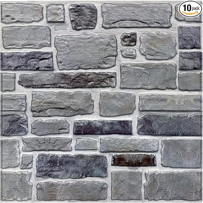 COMSTICKC 3D Peel and Stick Faux Stone Wall Panels for Quick DIY Wall Decor | Gray, 10 Pcs 11.8"x11.8", Not Real Stone, Lightweight Thin PVC Sticker Designed for Interior Wall Makeover, Cover 9.7 sq ft by COMSTICKCDECOR