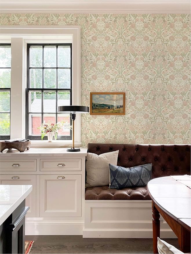 Heroad Vintage Peel and Stick Wallpaper Pink and Green Floral Contact Paper | Boho Damask Wallpaper,17.3''x393'',Removable Renter Friendly Wall Paper for Bathroom Bedroom Laundry,Self Adhesive Vinyl - Image 9