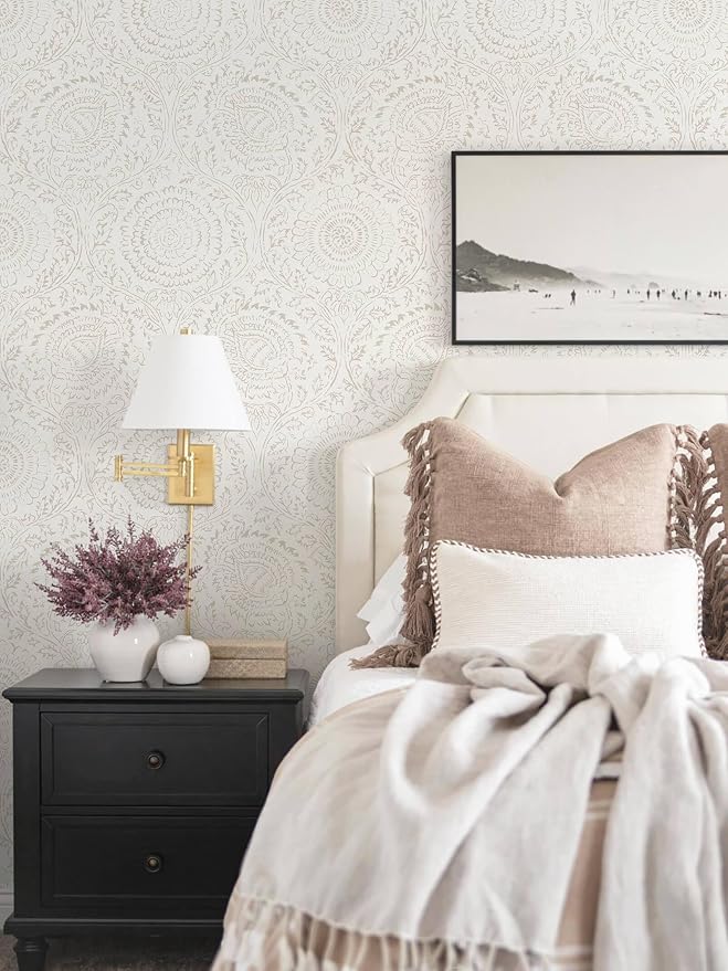 Ismoon Peel Stick Wallpaper Boho Beige Neutral Vintage Floral Contact Paper | 17.3x196in Renter Friendly Textured Wall Paper Self Adhesive Removable Wallpaper for Bedroom Kitchen Bathroom Wall Decor - Image 4