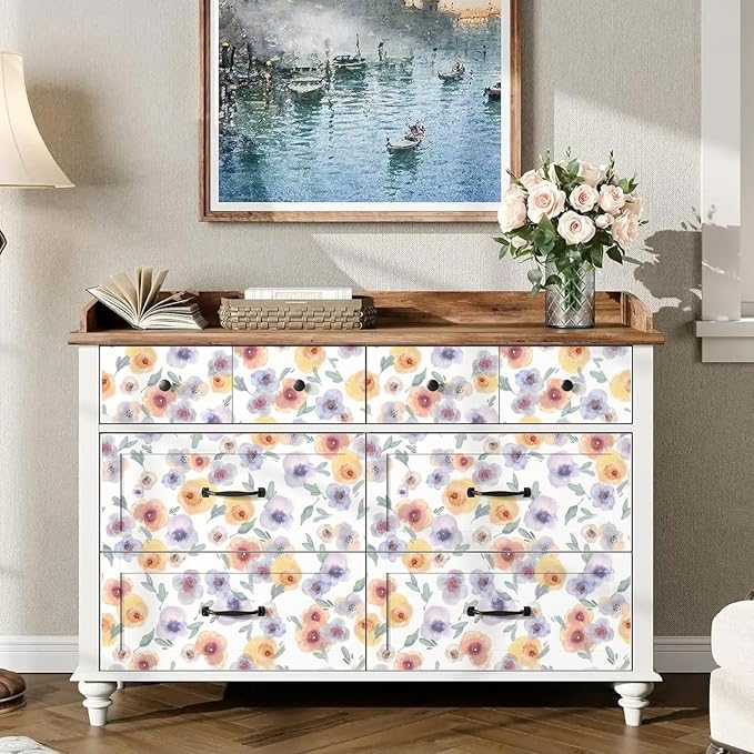 Orange Watercolor Floral Peel and Stick Wallpaper, 17.3" x 472" Soft Pastel Flower Removable Vinyl Wallpaper, Waterproof Self-Adhesive Vintage Floral Contact Paper for Nursery Bedroom Cabinets - Image 5