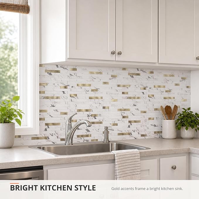 StyloVue 20 Sheets Peel and Stick Backsplash for Kitchen, Volakas White Marble Look with Gold Metal, Stick on Tile for Kitchen Backsplash, RV, Fireplace - Image 3