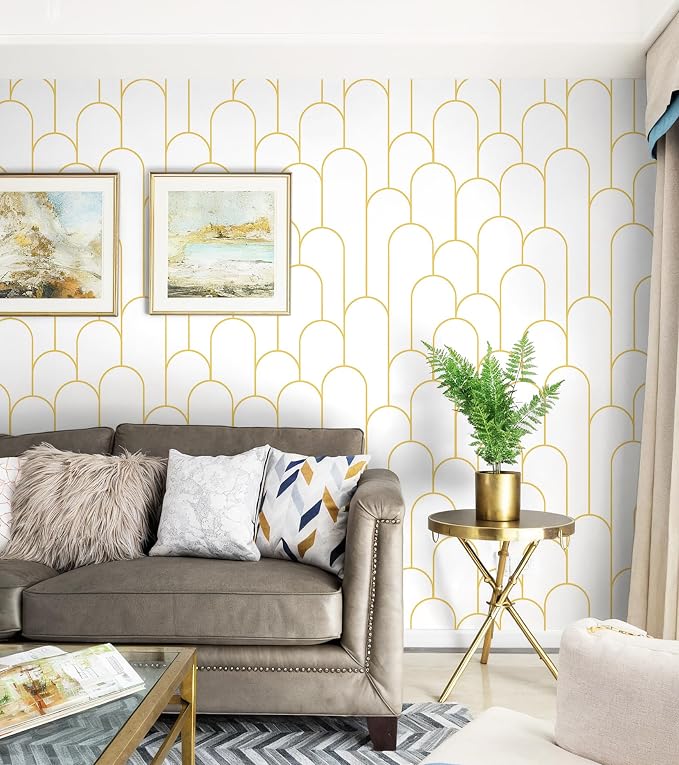 Yasinet Peel and Stick Wallpaper White and Gold Wallpaper Modern Geometric Contact Paper White/Gold Stripe Self Adhesive Wall Paper Decorative for Wall Bedroom 17.3''x393.7'' - Image 3