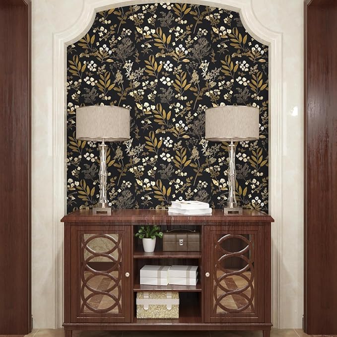 Laatse Vintage Floral Peel and Stick Wallpaper 17.5'' x 787'', Black Gold | Self Adhesive/Removable/Waterproof/Thick Vinyl Extra Long Contact Paper for Bathroom Bedroom Shelf Cabinet Drawer,Prepasted - Image 5