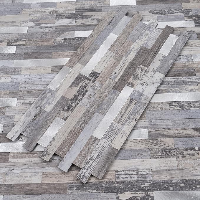 StyloVue 2 Sheets Peel and Stick Backsplash, Distressed Wood with Metal Silver Self Adhesive Wall Tiles Upgrade Your Kitchen Backsplash, RV, Fireplace - Image 3