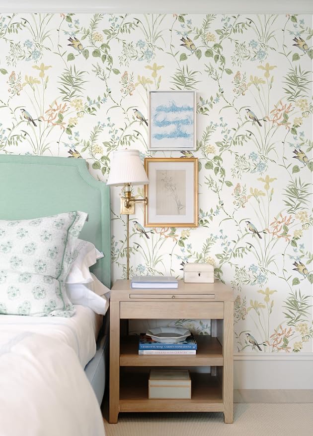 Erfoni Boho Floral Peel and Stick Wallpaper Green Floral Birds Wallpaper | 16.9" x197" DIY Self Adhesive Wallpaper Removable Wallpaper for Accent Wall Decor Modern Flower Leaf Contact Paper Vinyl Roll - Image 2
