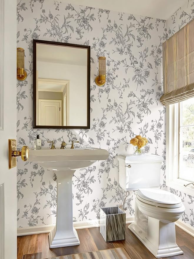 Ismoon Peel and Stick Wallpaper Floral Vintage Stick on Wall Paper Black and White Contact Paper for Cabinet French Textured Removable Self Adhesive Wallpaper Vinyl for Bedroom Wall Deco 17.3 x 196in - Image 4