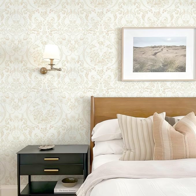 Ismoon Floral Peel and Stick Wallpaper Vintage Beige Contact Paper Watercolor Damask Wallpaper Boho Waterproof Removable Self-Adhesive Wall Paper for Bedroom Shelf Cabinet Décor 17.3in x 32.8ft - Image 2