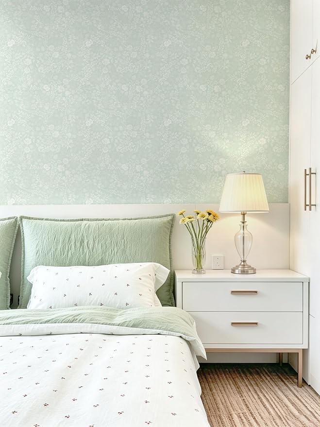 Guvana Sage Green and White Peel and Stick Wallpaper Floral Wallpaper Slef Adhesive Removable Waterproof Contact Paper Boho Wall Paper for Living Room Bathroom Bedroom Kitchen 17.3''x78.7'' - Image 7