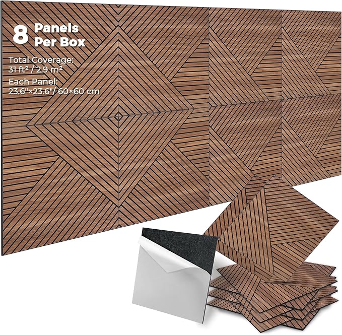 3D Peel and Stick Acoustic Wall Panels – 8 Pack Self-Adhesive Wood Pattern Soundproof Panels 23.6” x 23.6” for Interior Wall Decor, Bedroom, Living Room, Office (Golden Maple) by Unknown