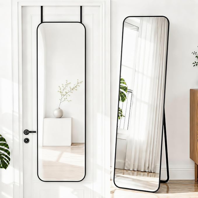 NARCISSUS Full Length Mirror 57x16 Inch, Over The Door Mirror with Stand, Wall Mounted or Freestanding/Door Hanging Full Body, Aluminum Alloy Frame, Black by NARCISSUSMIRROR