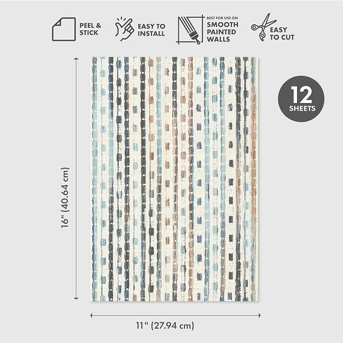 Main Street Peel and Stick Wallpaper Sheets, Woven Stripe, 12-Pack | 11 x 16 in sheet size; Covers up to 14.67 sq ft; Eco-friendly paper material; No paste or additional adhesive required - Image 2