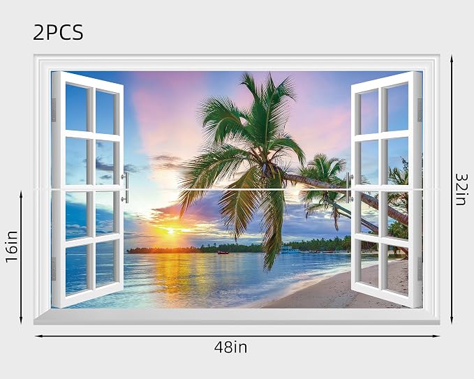 FLFK Fake Window Wall Mural - Sunrise Over the Sea Faux Window Wall Sticker for Wall Decor, Stick and Peel Wall Decals,48"x32",Set of 2 Sheets - Image 2