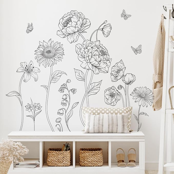 SHUCHING Large Black Flower Wall Decal, Garden Transparent Floral Sticker | Wall Art Decor for Living Room Girl Bedroom Bathroom by SHUCHING