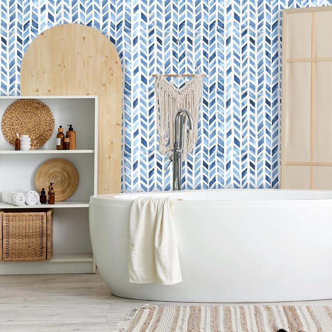 RUSPEPA Herringbone Peel and Stick Wallpaper, Blue Coastal Chevron Design, Modern Geometri Self-Adhesive Waterproof Contact Paper for Accent Wall, Bedroom, Modern Home Décor, 17.3 Inch x 6.5 Feet - Image 4