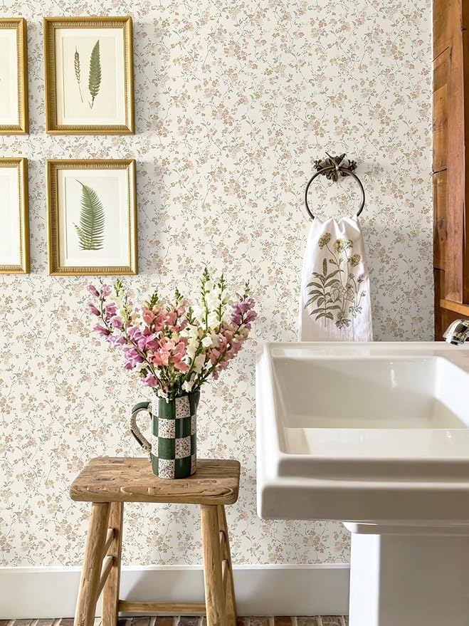 Peel and Stick Wallpaper for Nursery Brown Cherry Blossom Waterproof | 393"×17.3" Latte Brown Floral Vintage Wallpaper Gentle Accent Wall Decor with Grid Lines for Bedroom Vinyl Self-adhesive - Image 2