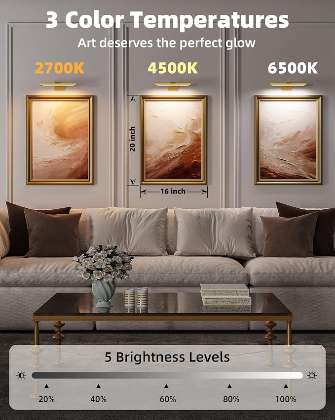EZVALO Picture Light for Wall, Rechargeable 2400mAh Gold Lights Wireless with IR Remote, 3 Color & Dimmable Magnetic 7.87'' LED Lights Display for Painting, Living Room, Gallery, Bedroom Art(3P) - Image 5