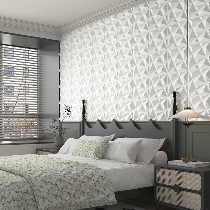 MIX3D 33 Pack 3D Wall Panels, Modern Diamond Textured Design for Interior Wall Decor in Living Room Bedroom Game Room Office Hotel, White, 12'' x 12'' Cover 32 Sq. Ft - Image 8