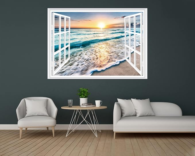 FLFK Fake Window Wall Sticker - Sunset Beach Faux Window Wall Mural for Wall Decor, Stick and Peel Wall Decals,80"x60",Set of 5 Sheets - Image 3