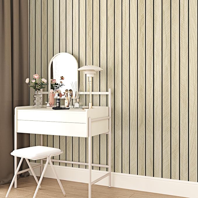 Wallercity Light Brown Wood Slat 3D Wall Panels Self Adhesive Soundproof Wooden Panel for Bedroom Living Room Peel and Stick Wood Paneling for Interior Decor Waterproof Acoustic Fence 11.8''x197'' - Image 6