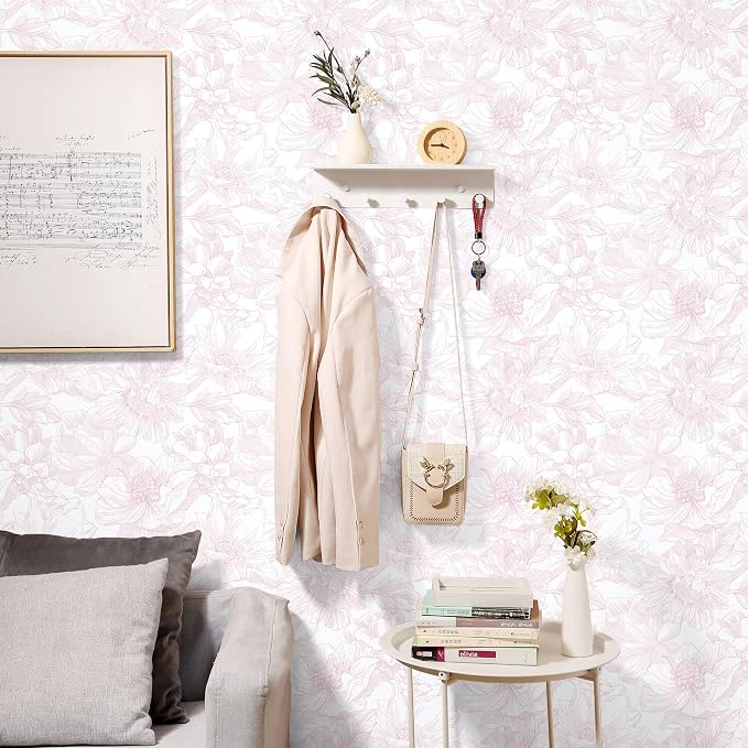 Ismoon Large Floral Peel and Stick Wallpaper Boho White/Pink Contact Paper 17.3inx16.3ft Removable Self Adhesive Bedroom Cabinet Mural Wall Decor Vinyl Roll - Image 7