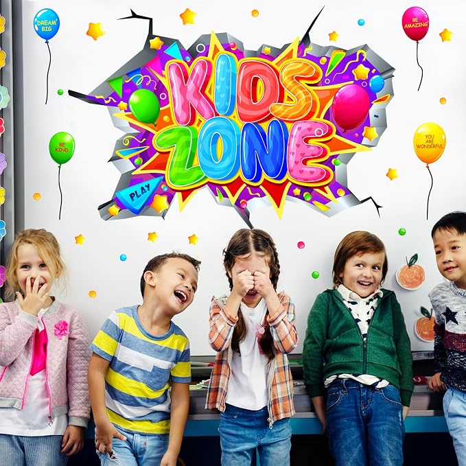 Kids Playroom Wall Decals Colorful Kids Zone Signs 3D Broken Wall Stickers | Multicolor inspirational quotes, kids room signs, peel and stick, removable vinyl art murals, for classroom nursery bedroom - Image 7