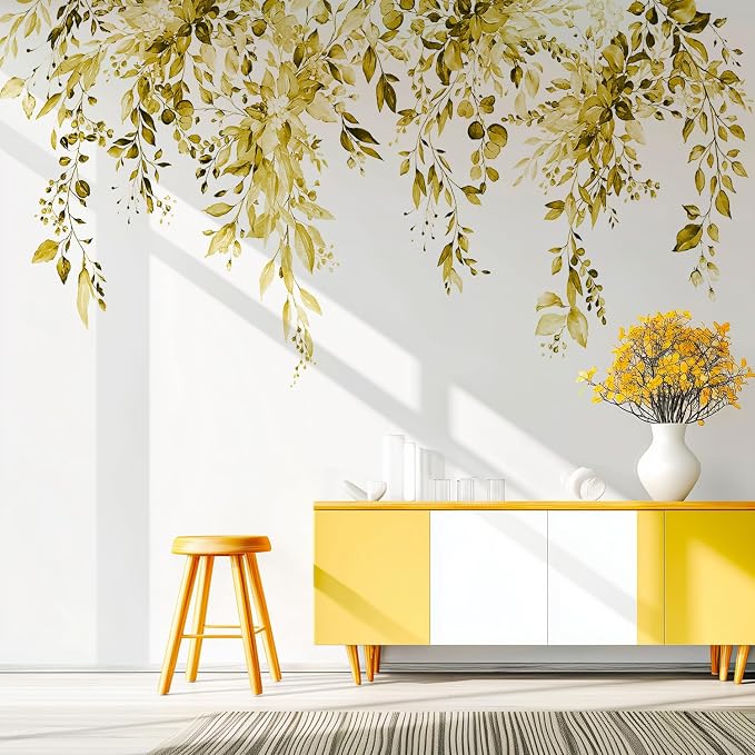 Yellow Plants Leaves Wall Decals Peel and Stick, Large Floral Flowers Vinyl Wall Stickers, Removable Vine Home Decor Art for Bedroom Living Room Classroom Office by VePret
