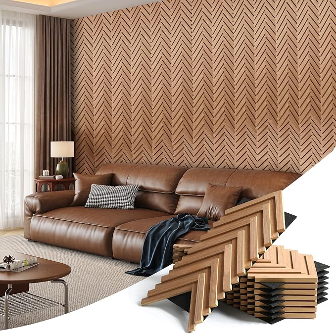 Wood Panels for Wall Herringbone, 8PCS 23.6" x 11.8" Wall Panels | 3D Acoustic Panels for Interior Wall Decor, Living Room, Office, Chestnut Walnut Sound Proof Wall Panels by Unknown