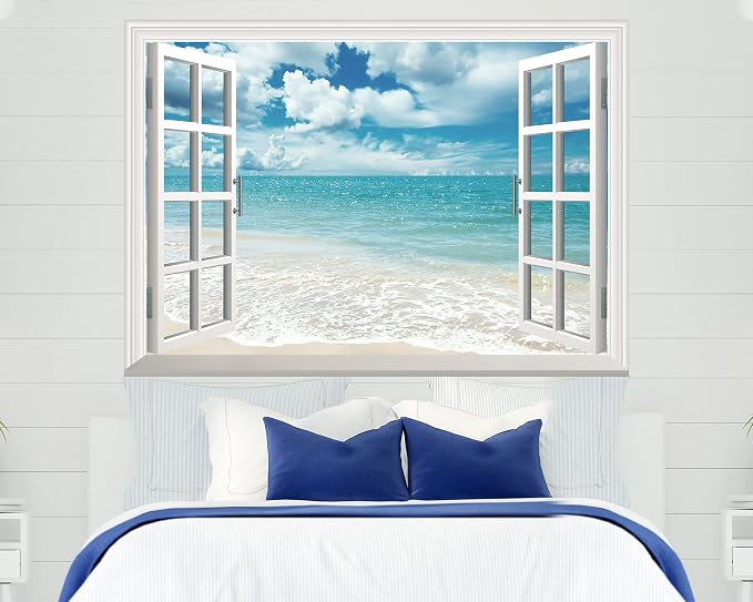 FLFK Fake Window Wall Sticker - Summer Beach 48"x32" Split into 2 Pieces | Peel and Stick Faux Window Wall Mural for Wall Decor - Image 3
