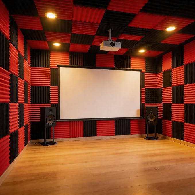 96 Pack Allxinlog Absorb the Echo Acoustic Foam Panel Wedge Studio Soundproofing Wall Tiles 12" X 12" X 1" (Accompanied By Double-Sided Adhesive Tape)(48RED+48BLACK) - Image 4