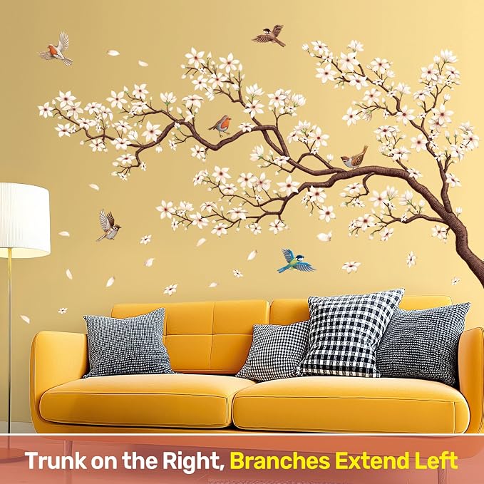 DECOWALL Large Cherry Blossom Tree Wall Stickers Decals Wall Art (SG4-2317) | Peel and stick, removable, large white flowers, birds, falling petals; elegant decor for bedroom, living room, nursery walls. - Image 2