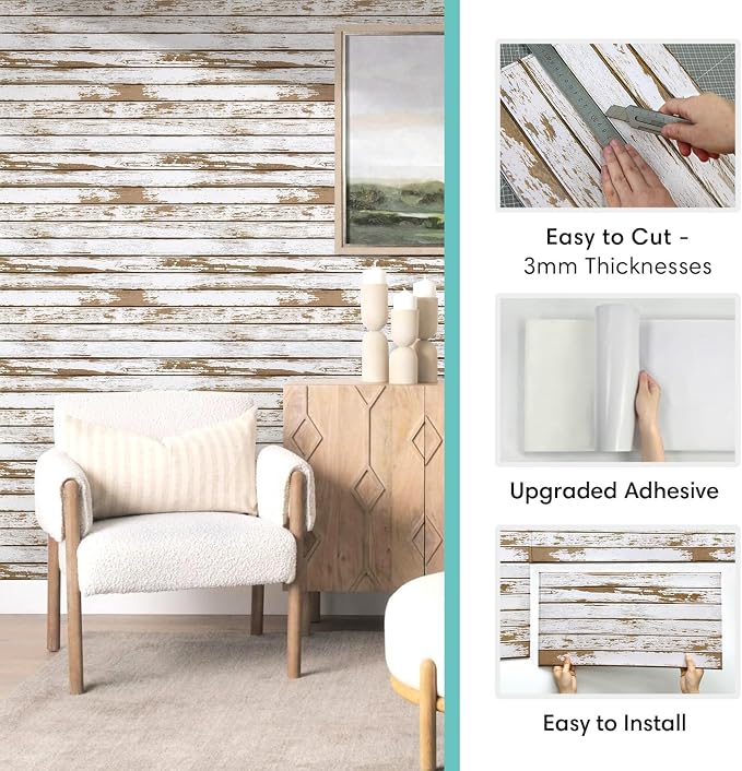 Commomy Faux Wood 3D Peel and Stick Wall Stickers,Thin Urltra PVC - 12 pcs | Printable Retro White Wood Look Wall Covering for Bedroom,Living Room,Home Office Interior Home Decor(Covers 22.48 sq.ft) ﻿ - Image 5