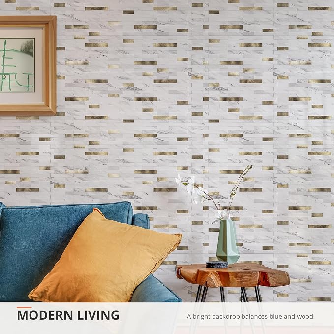 StyloVue 20 Sheets Peel and Stick Backsplash for Kitchen, Sparkle White Marble Look with Gold Metal, Glossy Finish, Stick on Tile for Kitchen Backsplash, RV, Fireplace - Image 9