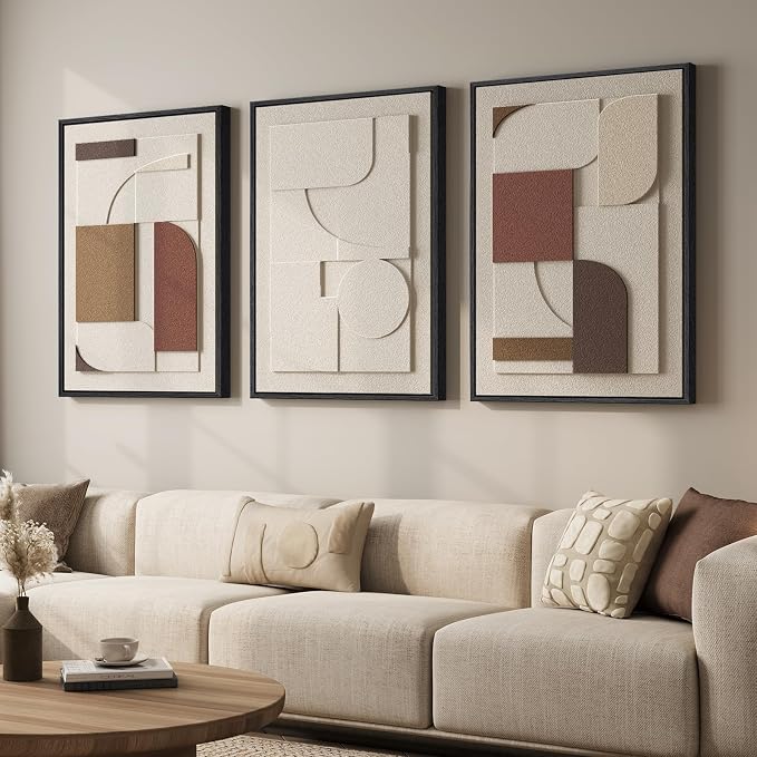 3D Textured Large Framed Neutral Abstract Wall Art for Living Room, 3 Piece | Wood Frames, Brown and Cream Sandstone Paintings, Modern Artwork for Walls, Geometric Sculptural Pictures Wall Decor Bedroom by Cuspin
