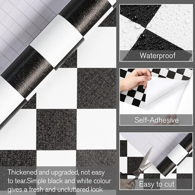 Black and White Contact Paper Checkered Peel and Stick Wallpaper Self Adhesive Waterproof Vinyl Roll for Bathroom Kitchen Backsplash Cabinets Shelf Liners Drawers A Set of 17.3"x480" - Image 2