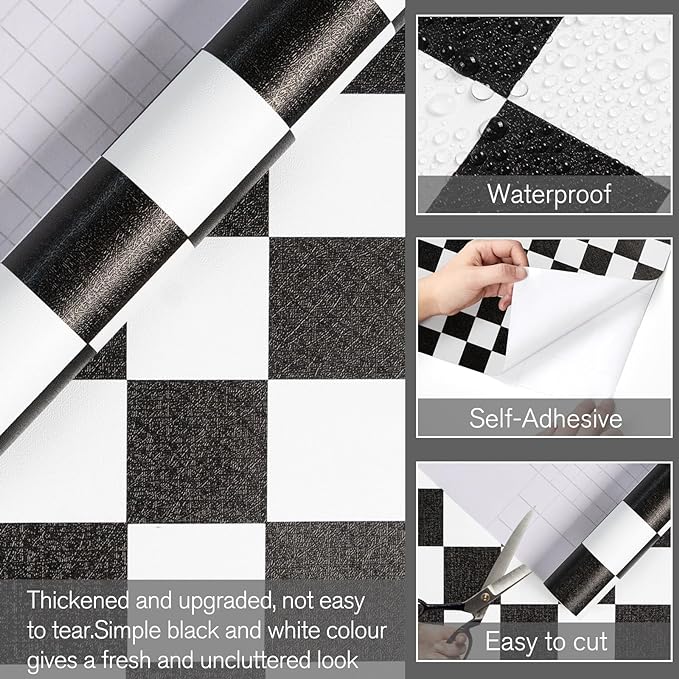 Black and White Contact Paper Checkered Peel and Stick Wallpaper Self Adhesive Waterproof Vinyl Roll for Bathroom Kitchen Backsplash Cabinets Shelf Liners Drawers A Set of 17.3"x1200" - Image 2